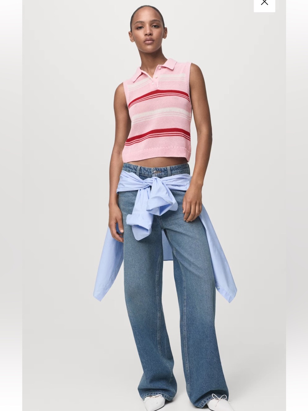 Mango Pink Sleeveless V-Neck Polo Tank with Red Stripes